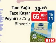 BİNVEZİR TAM YAĞLI TAZE KAŞAR PEYNİRİ 225 G